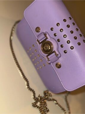 Versace Lavender Leather Crossbody with Gold Medallion & Studs
